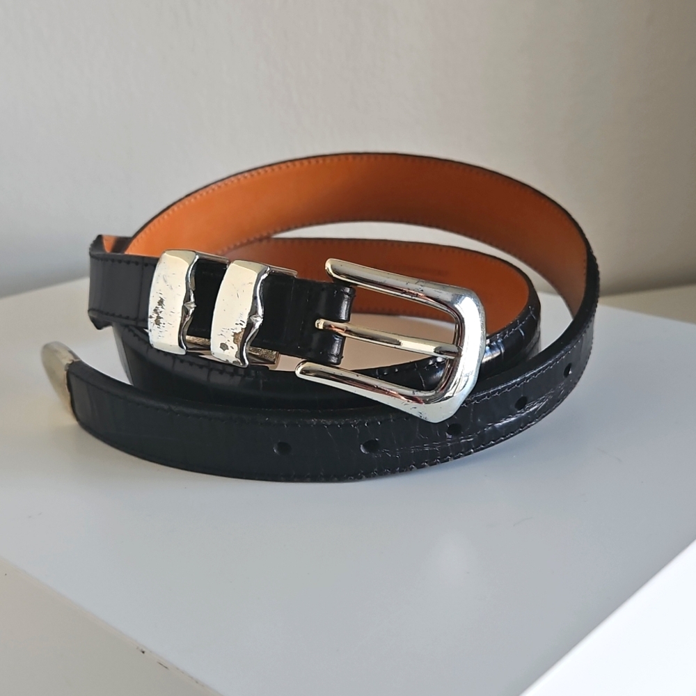 Martin Dingman Men's Black Leather Alligator Skin Belt with Silver Buckle